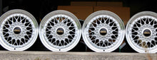Load image into Gallery viewer, Set of four BBS RS001 15-inch wheels with polished lips and metallic silver finish, perfect for classic cars. 4x100 PCD, ET25 fitment.