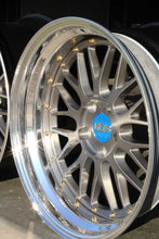 Load image into Gallery viewer, 19-inch BBS LM brushed wheel with a 3-piece design and 5x120 bolt pattern, showcasing a polished lip and intricate gold hardware.