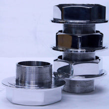 Load image into Gallery viewer, Stack of chrome BBS RS replacement hex caps with small threads, 58mm size, exclusive Ehrlich Wheel Works design, compatible with various wheels.