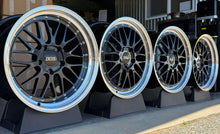 Load image into Gallery viewer, 19-inch BBS LM wheels for Porsche 997 widebody, black and blue finish, diamond cut rim, 5x130 PCD, displayed in a row