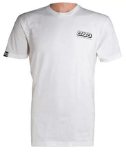 Load image into Gallery viewer, White BBS T-Shirt featuring classic RS advertisement, made from soft cotton/poly blend, displayed on a mannequin.