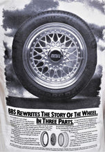 Load image into Gallery viewer, Vintage BBS classic RS wheel advertisement printed on a white ultra-soft cotton t-shirt, featuring iconic wheel design.