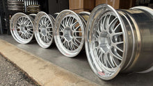 Load image into Gallery viewer, Four new 18-inch BBS E88 race wheels with silver finish, perfect fitment for E46 M3s and E9X M models, ready to ship.