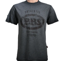 Load image into Gallery viewer, Vintage BBS Motorsport T-shirt with distressed logo from the 70s, featuring embossed leather patch on sleeve.