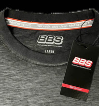 Load image into Gallery viewer, BBS T-Shirt with woven neck tape slogan 'Technik aus dem Motorsport' and vintage logo tag, size large.