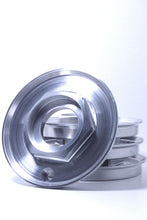 Load image into Gallery viewer, Billet Work Emitz center caps made from solid aluminum, shown in polished finish, designed for classic wheels enhancement.