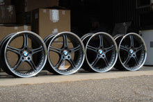 Load image into Gallery viewer, Set of four 19" SSR GT3 wheels in Dark Metallic Grey and Satin Black, featuring BMW center caps, size 19x8.5 ET43, PCD 5x120.