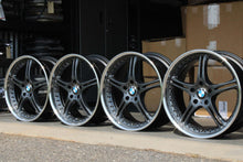 Load image into Gallery viewer, Set of four 19-inch SSR GT3 wheels with dark metallic grey finish and BMW center caps, ideal for PCD: 5x120 vehicles.