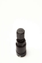 Load image into Gallery viewer, Black BBS aluminum valve stem for wheels, with standard 11.3mm hole diameter, part number 56.15.017, shown with cap.
