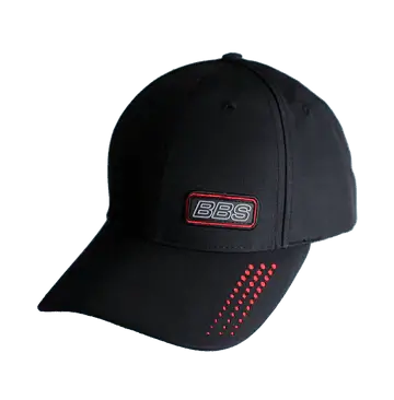 BBS Cap - EST. 1970, black with red accents, silicone logo, laser perforated visor, vintage-inspired motorsport design.