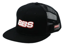 Load image into Gallery viewer, BBS snapback mesh cap with embroidered logo and &#39;Est. 1970&#39; patch, black color, side view.
