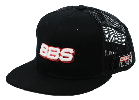 BBS snapback mesh cap with embroidered logo and 'Est. 1970' patch, black color, side view.