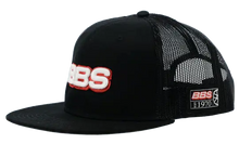 Load image into Gallery viewer, Black BBS mesh snapback cap with embroidered logo and Est. 1970 patch on the side.
