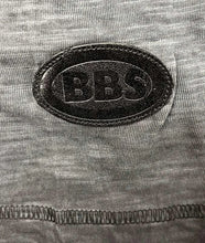 Load image into Gallery viewer, Close-up of faux leather patch with vintage BBS logo on a grey t-shirt, showcasing retro motorsport design.
