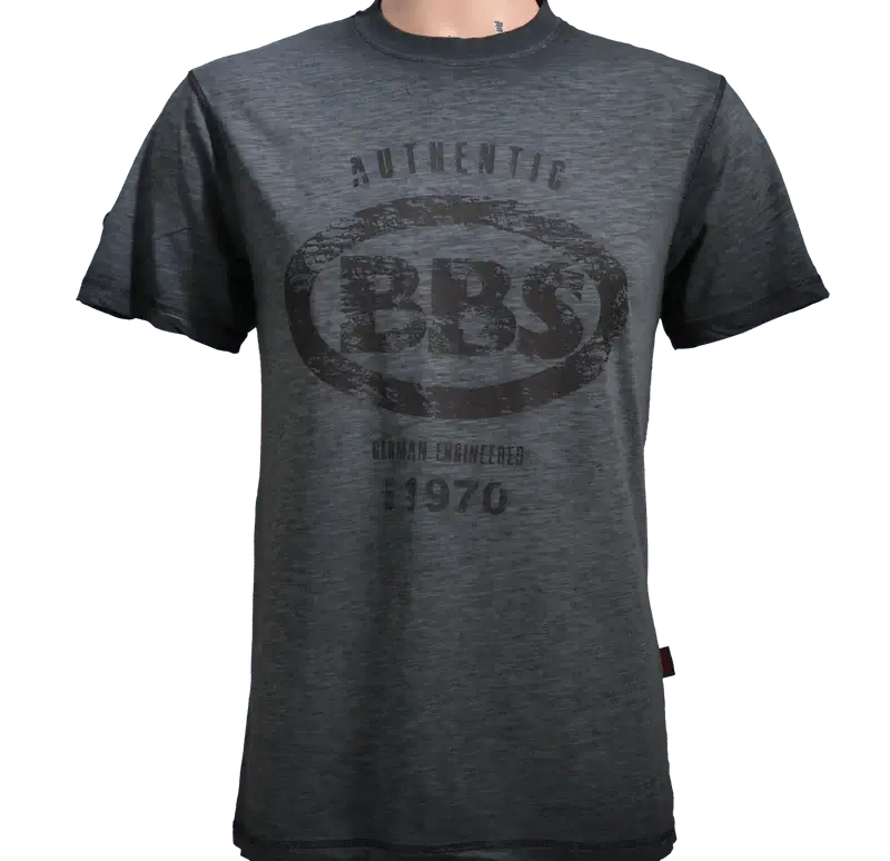 Vintage BBS Motorsport T-shirt with distressed logo from the 70s, featuring embossed leather patch on sleeve.