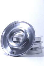 Load image into Gallery viewer, Billet Work Emitz center caps made from solid aluminum, shown in polished finish, designed for classic wheels enhancement.
