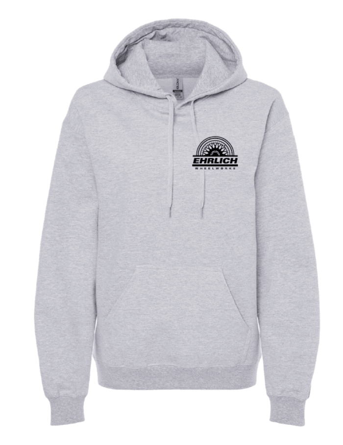 Light grey Ehrlich Wheel Works sweatshirt with logo, 75% cotton and 25% polyester, available in men's sizes, midweight, soft hoodie.