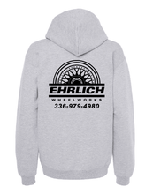 Load image into Gallery viewer, Light grey EWW sweatshirt with Ehrlich Wheel Works logo and contact number on the back, 75% cotton, 25% polyester.
